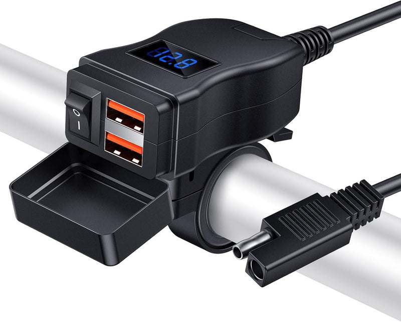 Randpow Motorcycle USB Charger(36W), Dual USB QC3.0 Motorcycle Phone Charger Port, SAE Adapter with ON/Off Switch & LED Voltage Monitor, Suitable for Dirt Bike, ATV (Blue) - Image 1